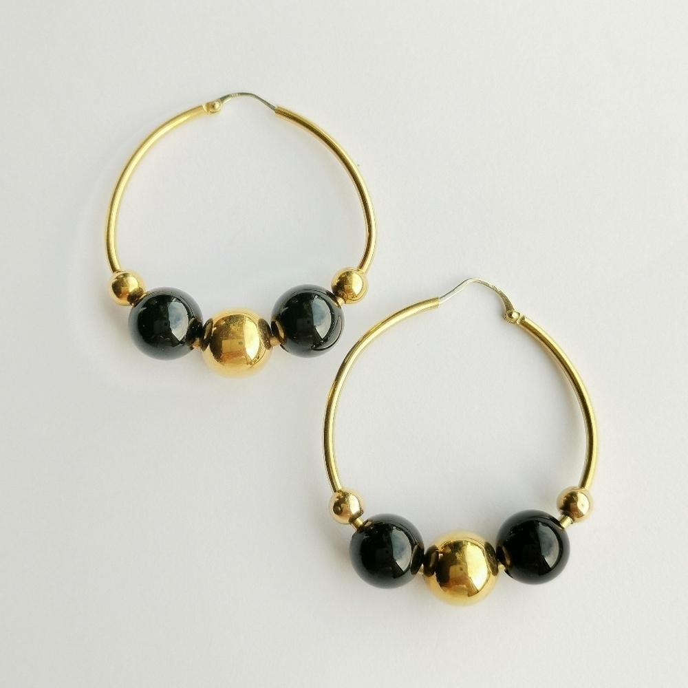Vintage 18k gold onyx hoop earrings France